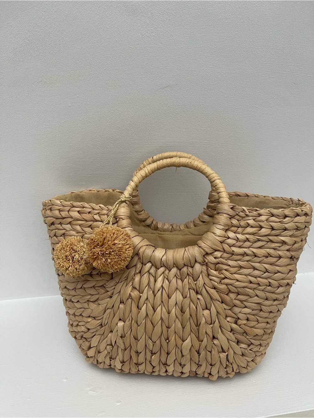 Woven Straw Tote Bag with Pom Pom Accent - Natural - Picture 8 of 8